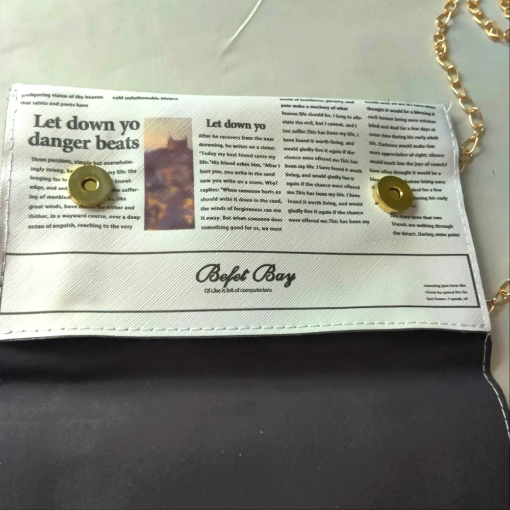 Newspaper Print Flap Crossbody Purse, Clutch, Snap Added Gold Chain New! 8" X 5" - Picture 12 of 17